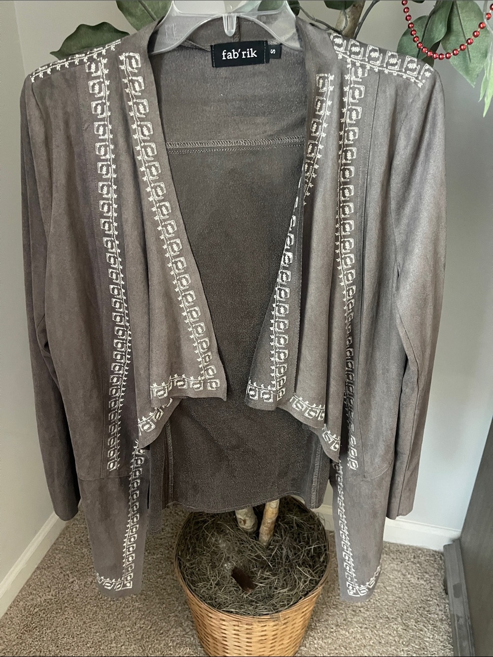 fab'rik Taupe Suede-Style Embroidered Open Front Jacket